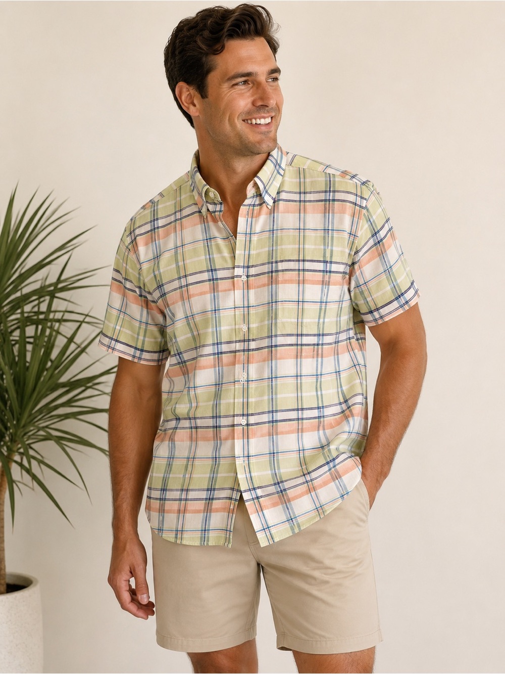 JOS A Bank 100% Linen Plaid Button Down Shirt Large Pastel Short Sleeve EUC
